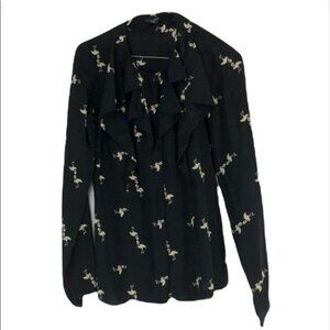 Club Monaco black flamingo print ruffle neck blouse small